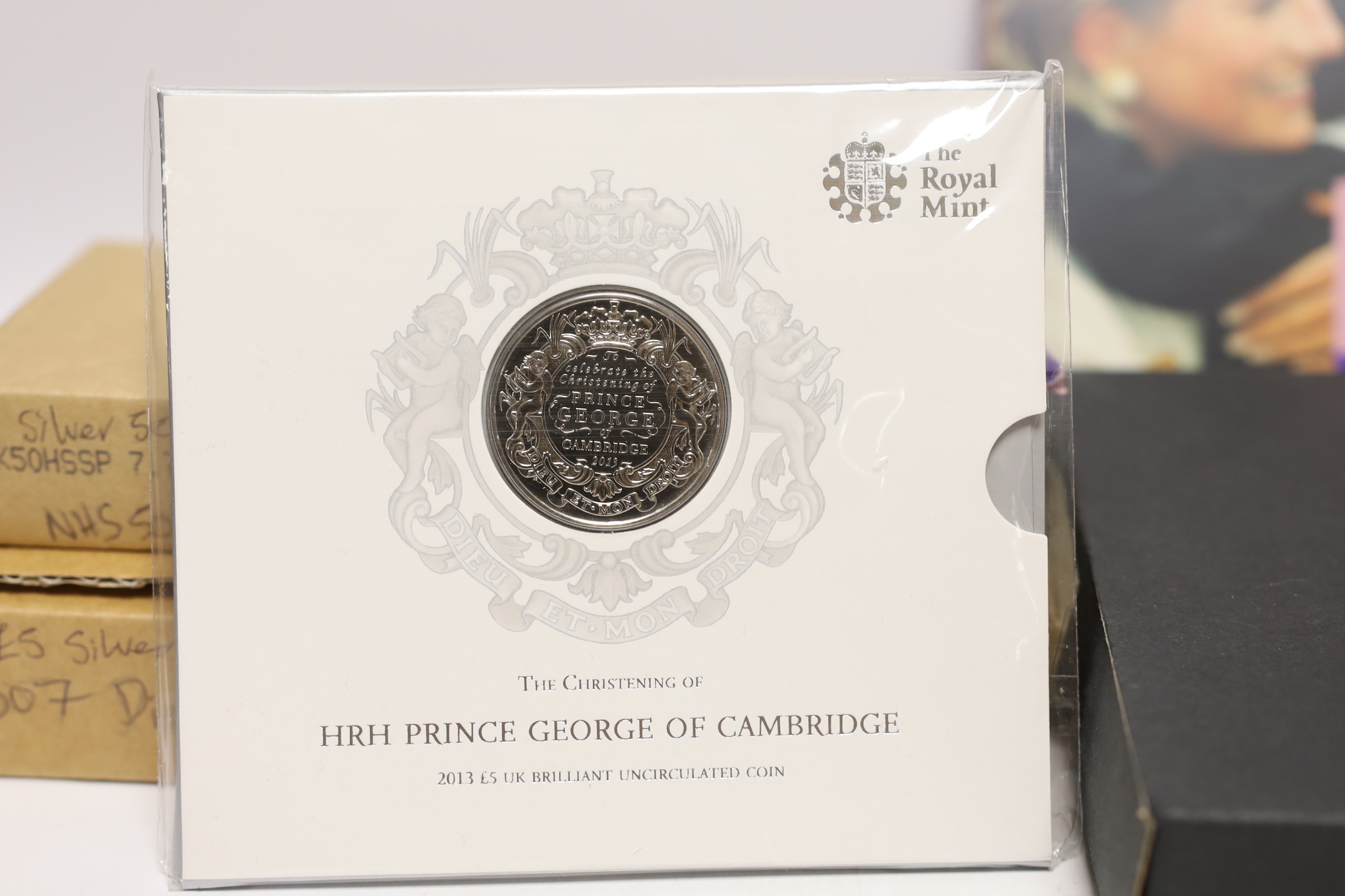 Royal Mint UK QEII proof silver coins - 2007 Diana £5, 1980 Queen Mother 80th crown, 1999 Edward and Sophie £1, 2003 Suffragettes 50p, 1998 NHS 50th 50p, together with 2013 George & the Dragon £20, 2008 Royal Shield of A